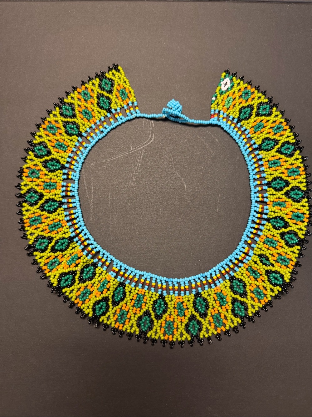 Vintage Seed Beaded Collar Bib Necklace in Turquoise, Yellow & Green
